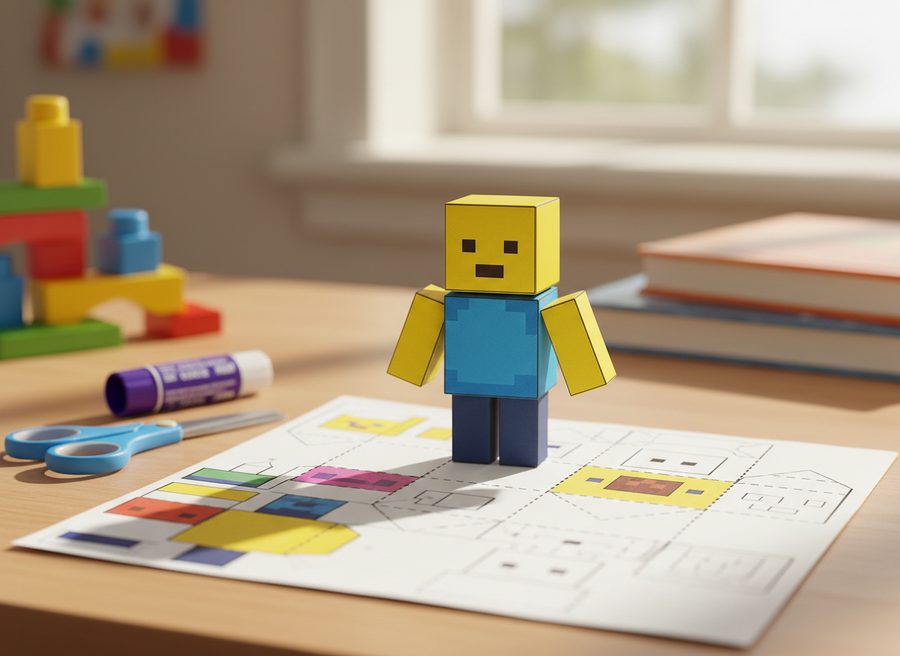 Personagem de papel estilo blocos montado ao lado do molde com linhas de dobra