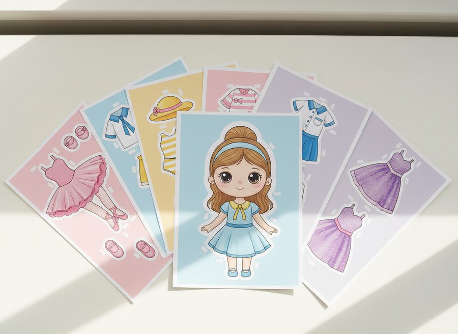 Folhas de moldes de bonecas de papel com guarda-roupa de roupinhas