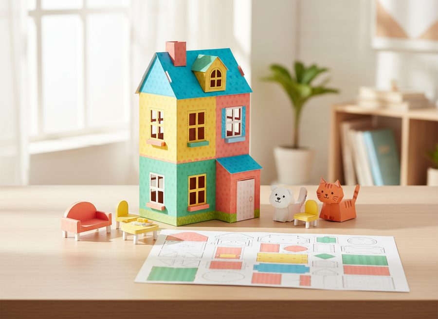 Casinha de papel montada com pets de papel e molde ao lado
