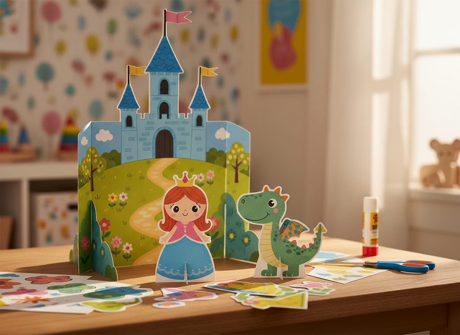Cenario de castelo de papel montado com bonecas de papel em pe